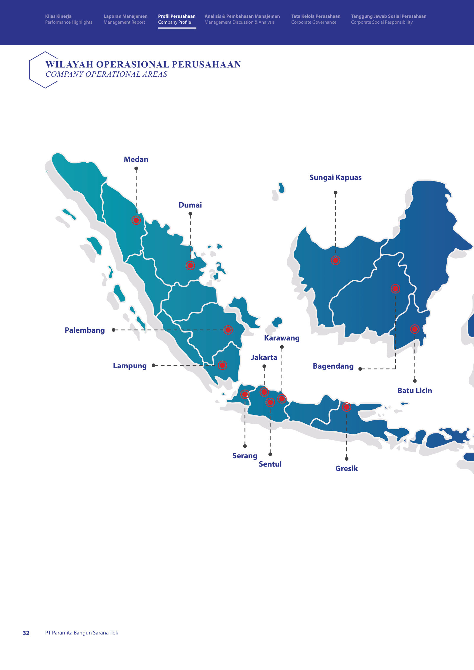 Operational footprint — the twelve Indonesian project locations the company serves.